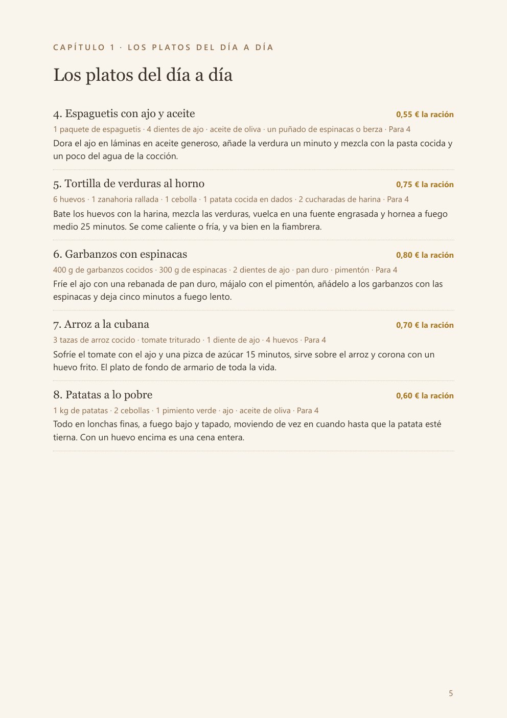 Una página del cuaderno de recetas